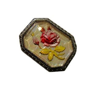 Rose Floral Etched Silver Border Handpainted Pin Octagon Brooch Vintage Estate
